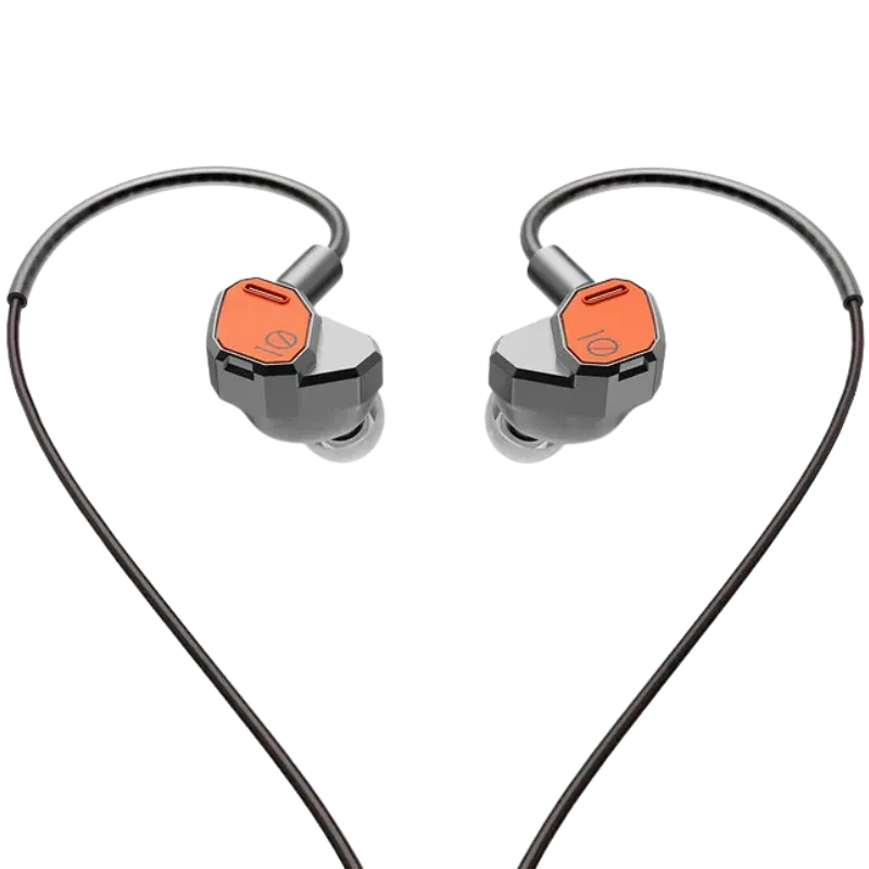 Hiby Yacht10 Auriculares In-Ear Hi-Fi con cable, carcasa angular gris con tapas naranjas, ganchos ergonómicos sobre la oreja y cable delgado desmontable