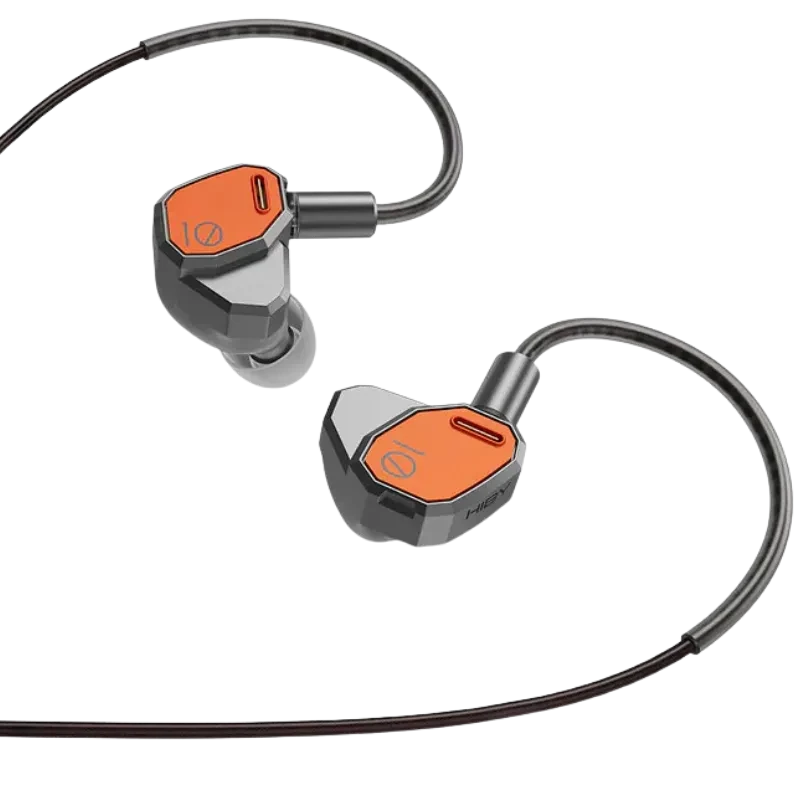 Hiby Yacht10 - Auriculares In-Ear Hi-Fi con carcasa metálica gris y panel naranja, diseño angular, cable desmontable transparente y conector superior rojo