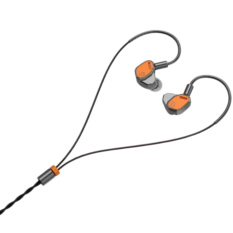 Hiby Yacht10 Auriculares In-Ear Hi-Fi con cable, carcasa naranja y gris, gancho sobre la oreja, cable trenzado negro con ajustador y conector recto