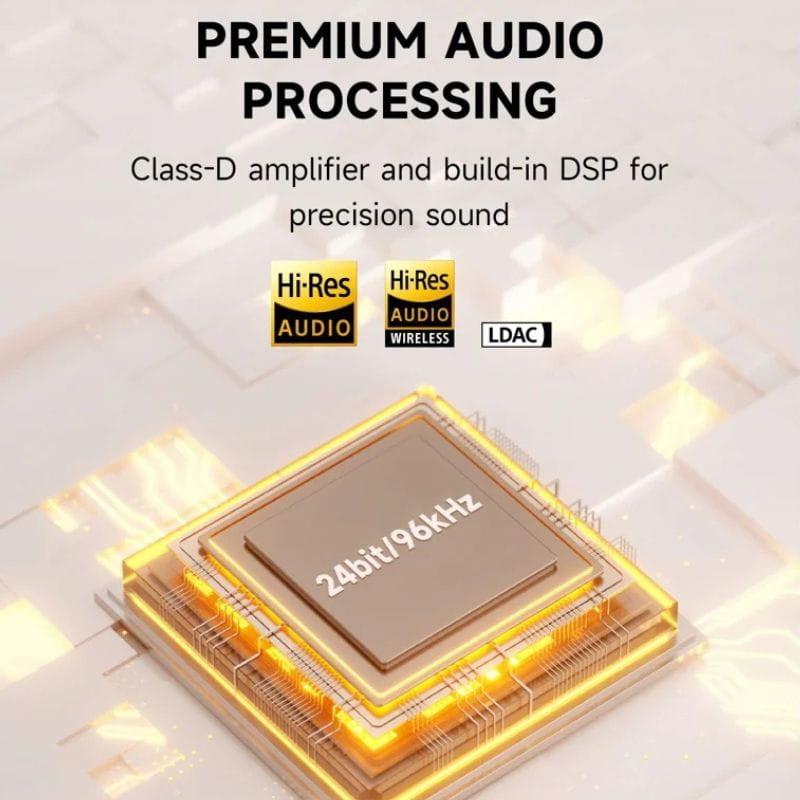 Processamento de áudio premium com chip 24bit 96kHz, amplificador Classe D e DSP integrado. Suporte Hi-Res, Hi-Res Wireless e LDAC. Ideal para M60.