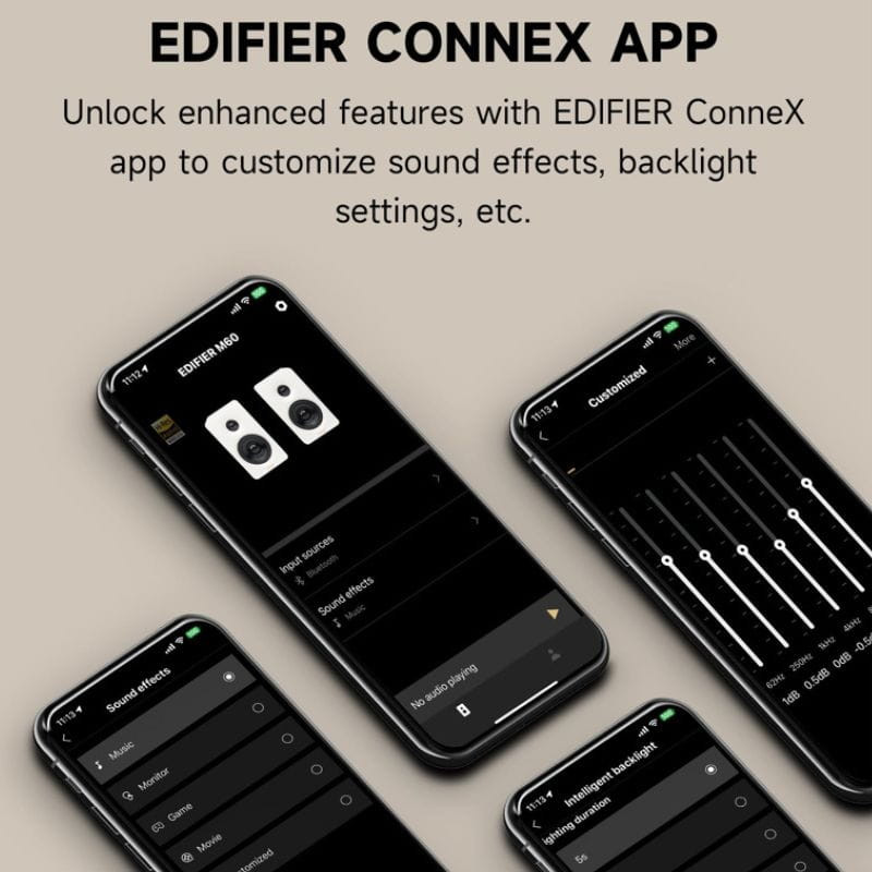 Edifier M60 Colunas Ativas Preto com app Edifier ConneX: equalizador gráfico, ajustes de som, retroiluminação e controle detalhado via smartphone