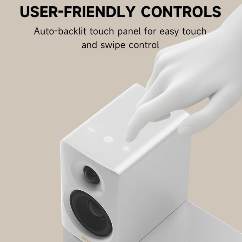 Edifier M60 Colunas Ativas Preto com painel touch retroiluminado, acabamento branco brilhante, driver frontal e design compacto para controle por toque e gesto