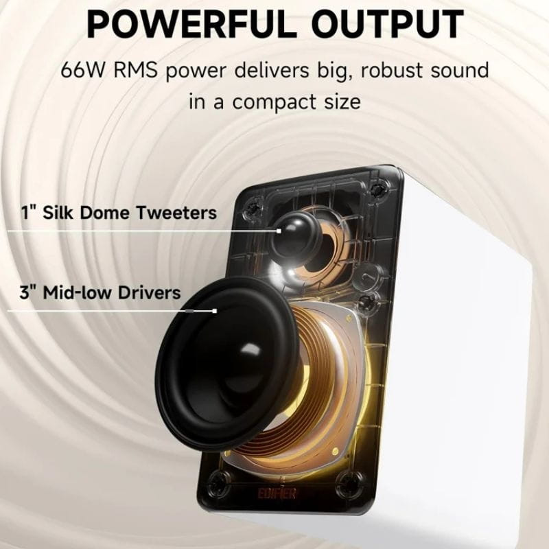 Edifier M60 Altavoces Activos Blanco con tweeter de cúpula de seda de 1 pulgada y driver medio-bajo de 3 pulgadas, diseño compacto y potencia RMS de 66W