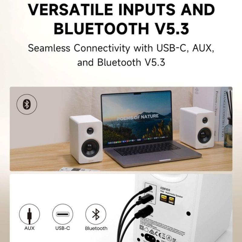 Edifier M60 Altavoces Activos Blanco con diseño minimalista, dos altavoces compactos, controles traseros, puertos USB-C y AUX, conectividad Bluetooth 5.3