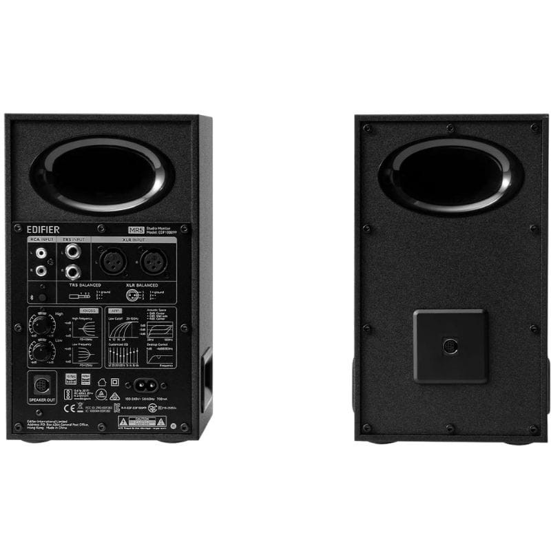 Edifier MR5 Altavoces Activos 2.0 Negro con woofers cobre, tweeters frontales, perilla de volumen, puerto bass reflex y conexiones RCA y 3.5 mm