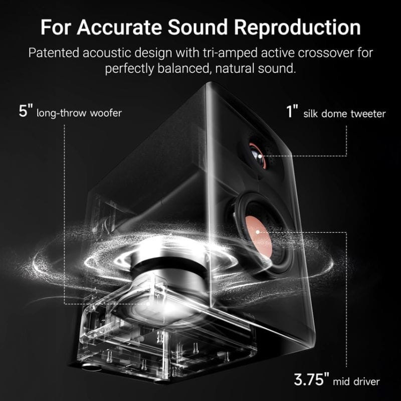Edifier MR5 Altavoces Activos 2.0 Negro con woofer de 5 pulgadas, tweeter de seda de 1 pulgada y driver medio de 3.75, diseño acústico triamplificado