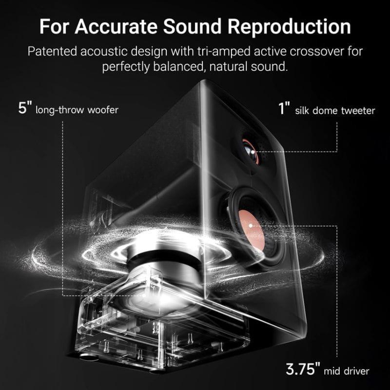 Edifier MR5 Altavoces Activos 2.0 Negro con woofer de 5 pulgadas, tweeter de seda de 1 pulgada y driver medio de 3.75, diseño acústico triamplificado
