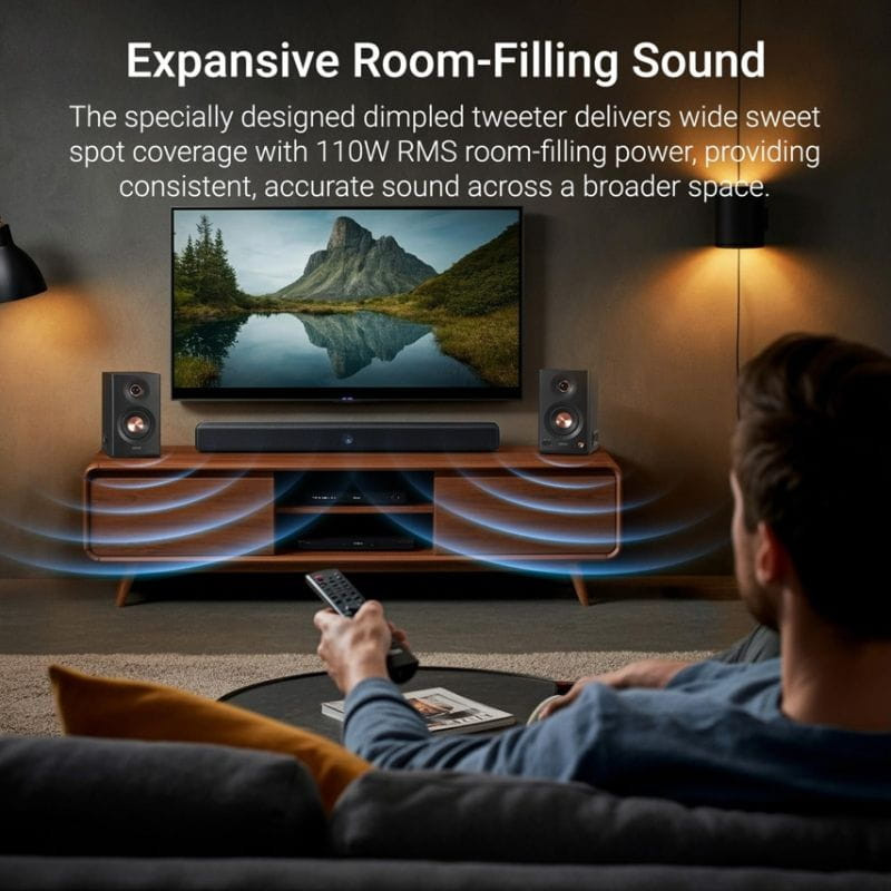 Edifier MR5 Altavoces Activos 2.0 Negro con acabado mate, tweeter con cúpula texturizada, woofers frontales y controles laterales, diseño para sonido