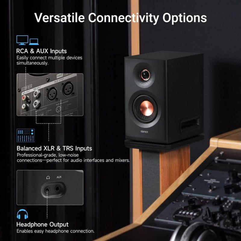 Edifier MR5 Altavoces Activos 2.0 Negro con woofer cobre, tweeter negro, puerto frontal, entradas RCA, AUX, XLR y TRS, salida de auriculares y control lateral