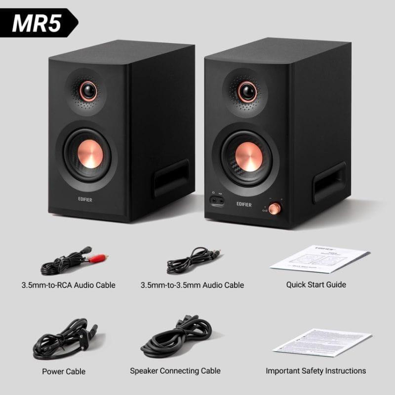 Edifier MR5 Altavoces Activos 2.0 Negro con panel trasero: entradas XLR/TRS balanceadas, controles de tono y volumen, puerto bass reflex y acabado mate