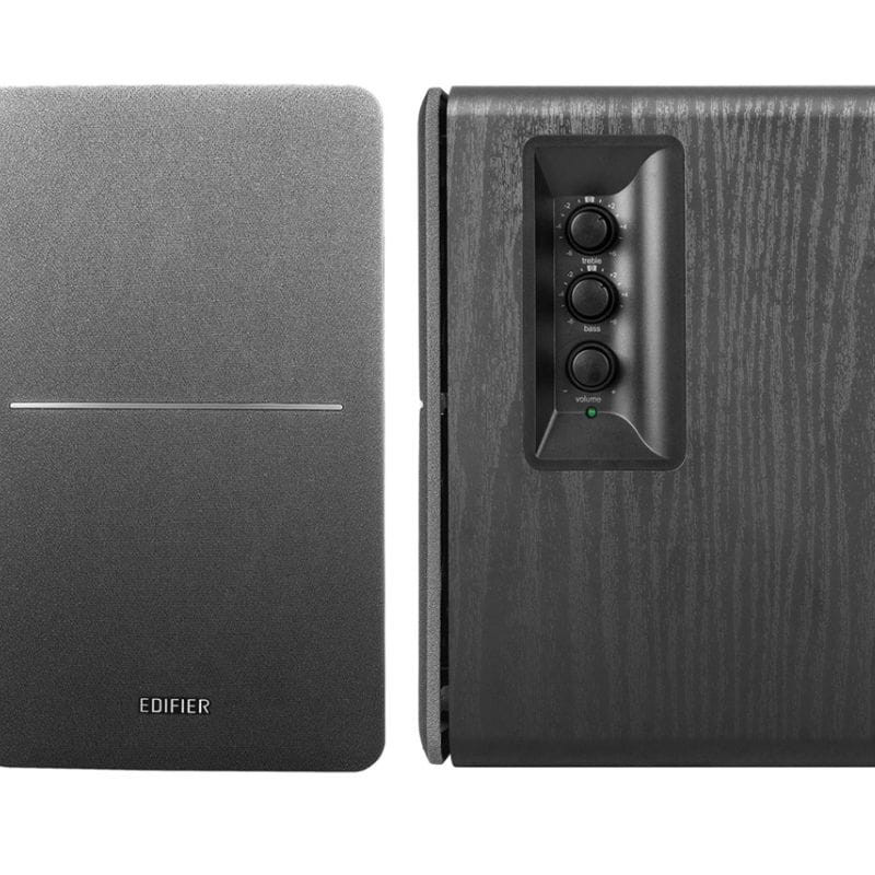 Edifier R1280T Altavoces Activos 2.0 Negro, diseño negro mate, un parlante con tweeter, woofer y puerto bass reflex; el otro con rejilla frontal minimalista