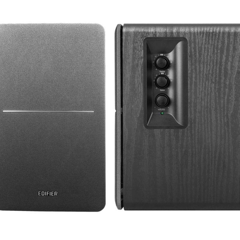 Edifier R1280T Altavoces Activos 2.0 Negro, diseño negro mate, un parlante con tweeter, woofer y puerto bass reflex; el otro con rejilla frontal minimalista