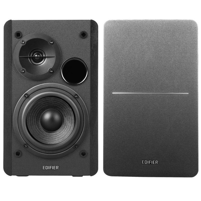 Edifier R1280T Altavoces Activos 2.0 Negro con acabado madera gris, rejilla frontal minimalista, controles laterales y control remoto compacto