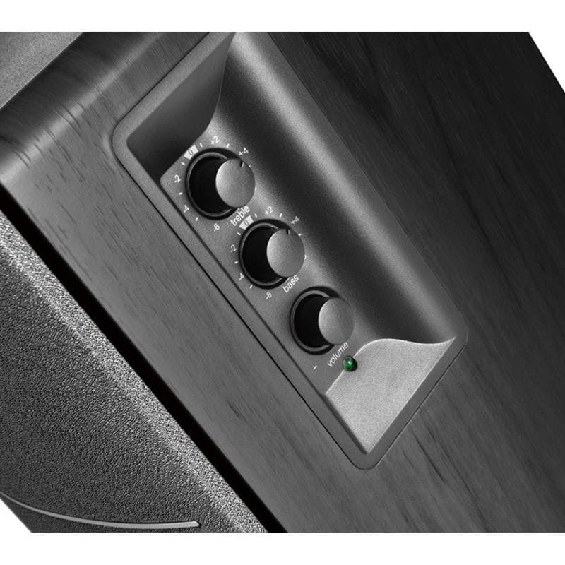 Edifier R1280T Altavoces Activos 2.0 Negro con panel lateral en madera oscura, perillas de volumen, graves y agudos, e indicador LED verde