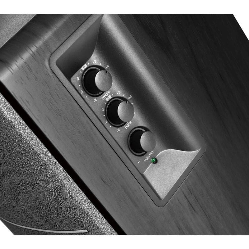 Edifier R1280T Altavoces Activos 2.0 Negro con panel lateral en madera oscura, perillas de volumen, graves y agudos, e indicador LED verde
