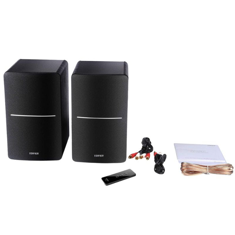 Edifier R1280T Altavoces Activos 2.0 Negro con acabado tipo madera, panel lateral con controles de volumen, graves y agudos, rejilla frontal gris elegante