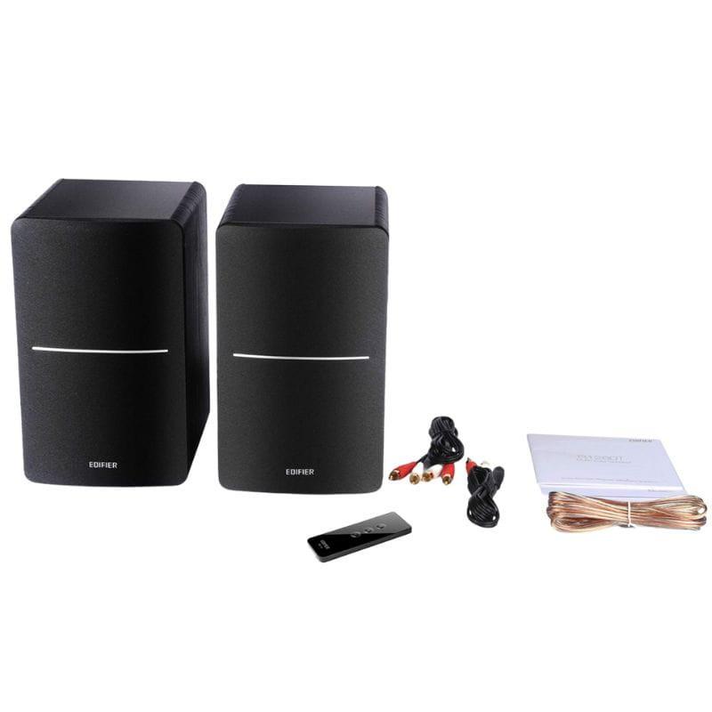 Edifier R1280T Altavoces Activos 2.0 Negro con acabado tipo madera, panel lateral con controles de volumen, graves y agudos, rejilla frontal gris elegante