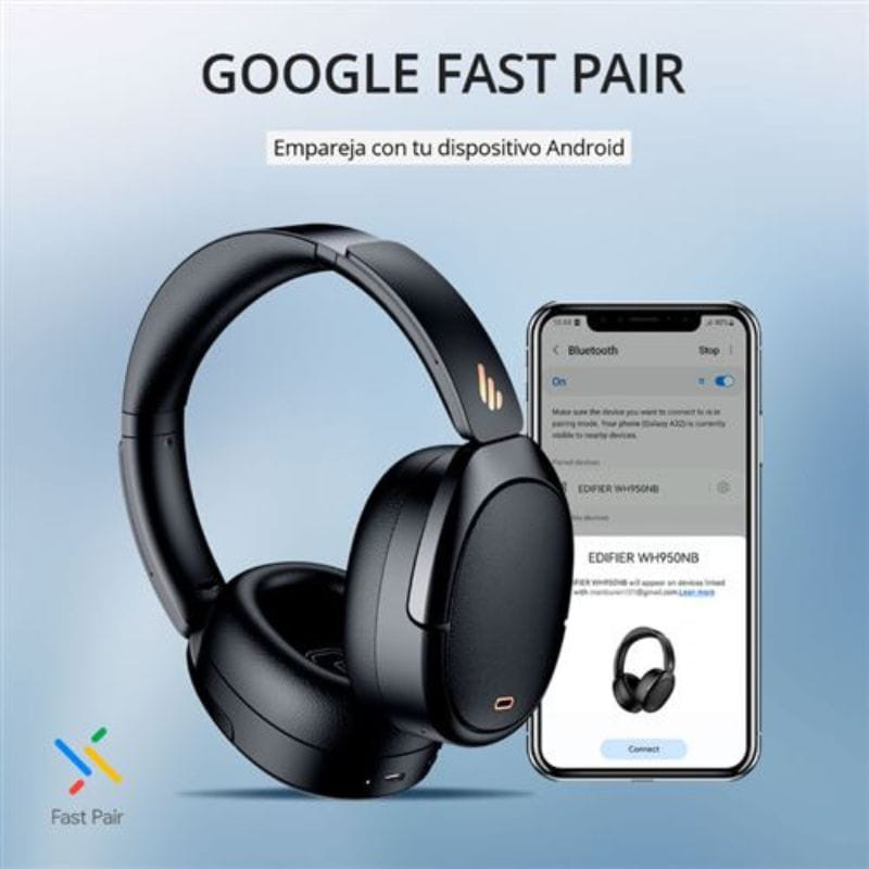 Edifier WH950NB 2025 Auscultadores ANC Bluetooth Preto com design over-ear elegante, acabamento fosco, almofadas macias e controles laterais discretos