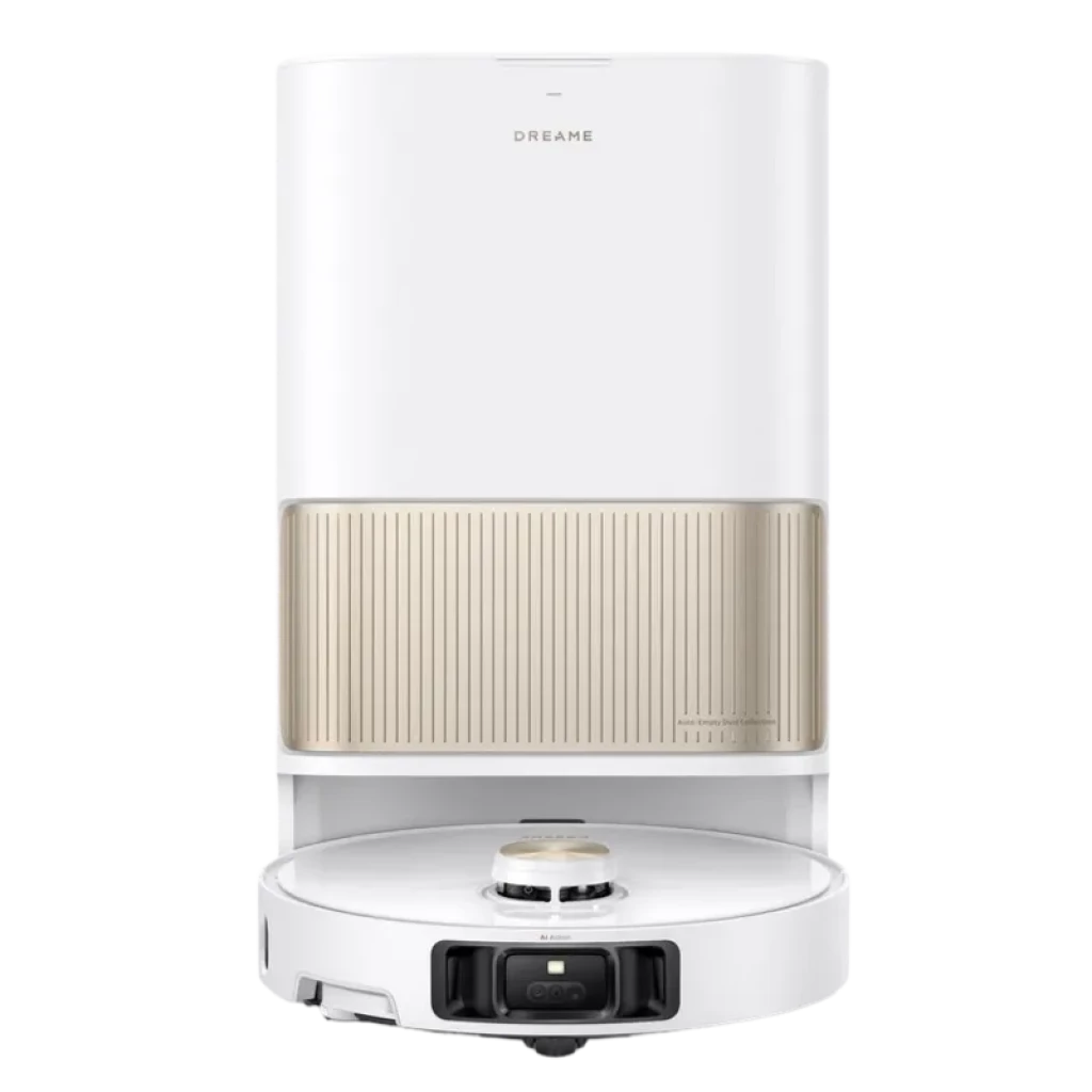 Base de carga blanca con depósito beige y robot Dreame L40s Pro Ultra; diseño minimalista, módulo láser frontal y dock alto para vaciado y mantenimiento