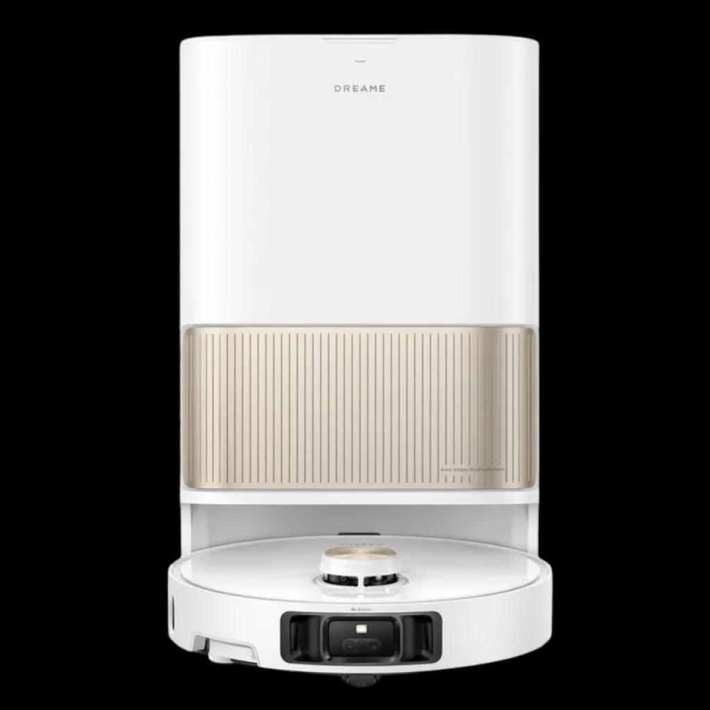 Base de recharge blanche avec réservoir beige et robot Dreame L40s Pro Ultra ; design minimaliste, module laser frontal et station de recharge haute pour le vidage et l'entretien