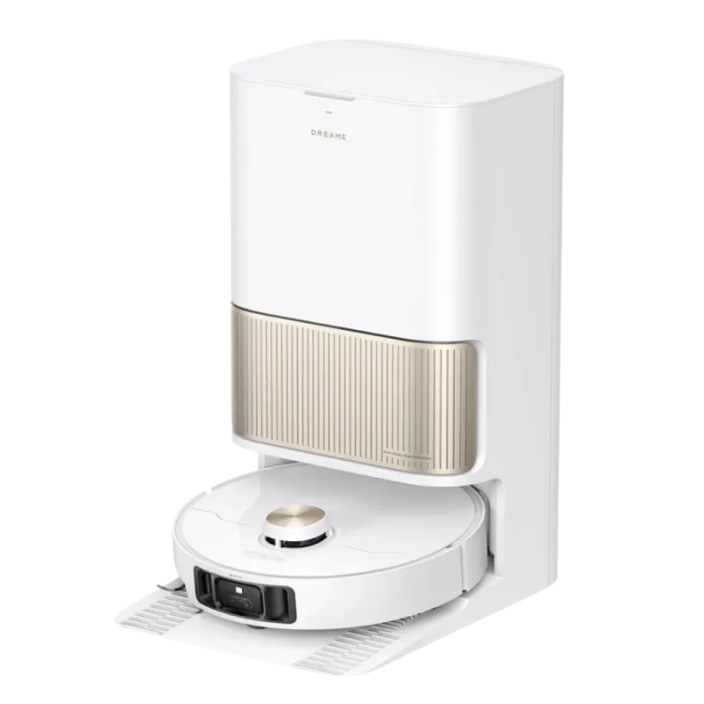 Vue à 45 degrés du Dreame L40s Pro Ultra Blanc : base blanche avec panneau doré et robot rond blanc, module LiDAR frontal, bouton doré supérieur et tapis gris