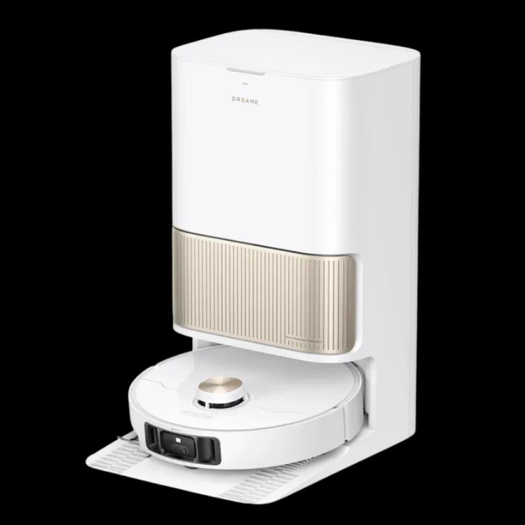 Vue à 45 degrés du Dreame L40s Pro Ultra Blanc : base blanche avec panneau doré et robot rond blanc, module LiDAR frontal, bouton doré supérieur et tapis gris