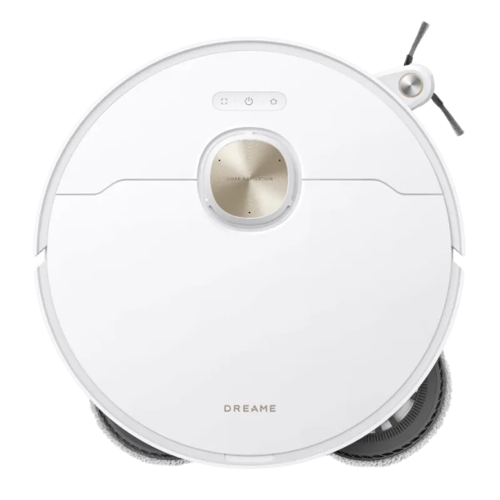Dreame L40s Pro Ultra Blanc Robot aspirateur avec corps blanc circulaire, module central doré, capteurs supérieurs et brosse latérale grise
