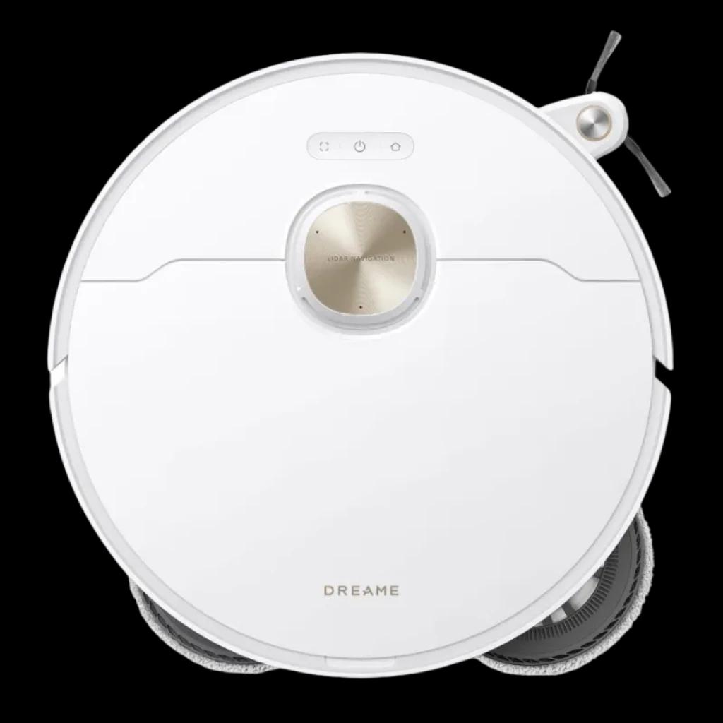 Dreame L40s Pro Ultra Blanc Robot aspirateur avec corps blanc circulaire, module central doré, capteurs supérieurs et brosse latérale grise
