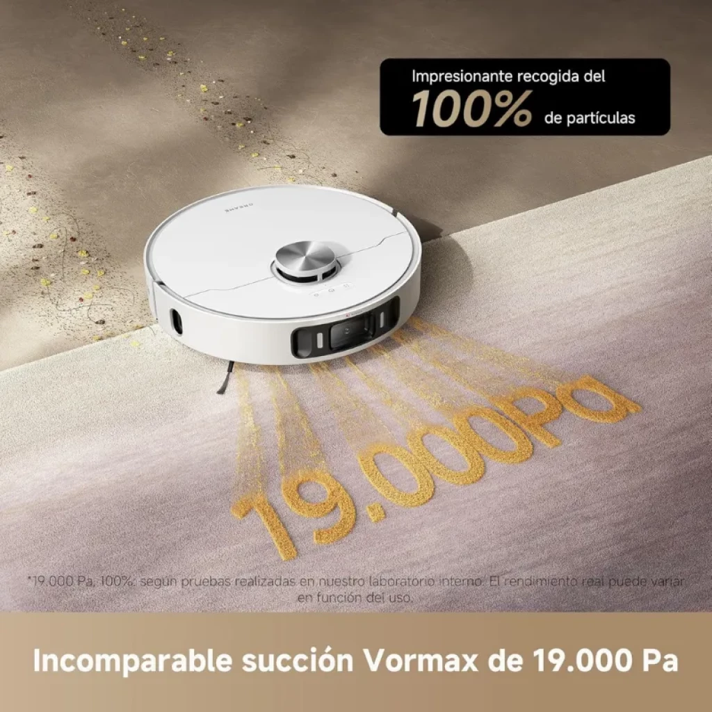 Robot aspirateur Dreame L40s Pro Ultra blanc avec lidar supérieur, capteurs frontaux et brosse latérale ; puissance de 19 000 Pa et WiFi dans un boîtier minimaliste