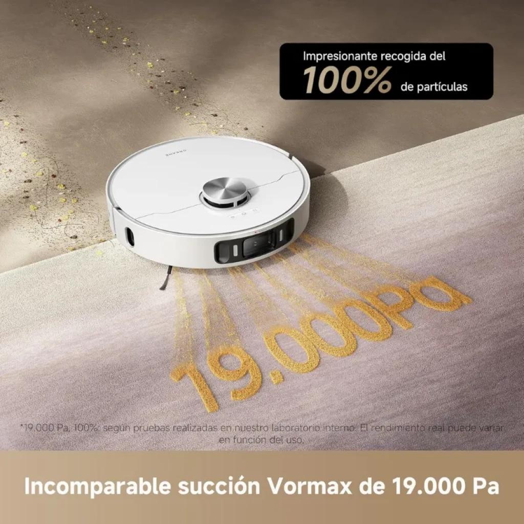 Robot aspirateur Dreame L40s Pro Ultra blanc avec lidar supérieur, capteurs frontaux et brosse latérale ; puissance de 19 000 Pa et WiFi dans un boîtier minimaliste