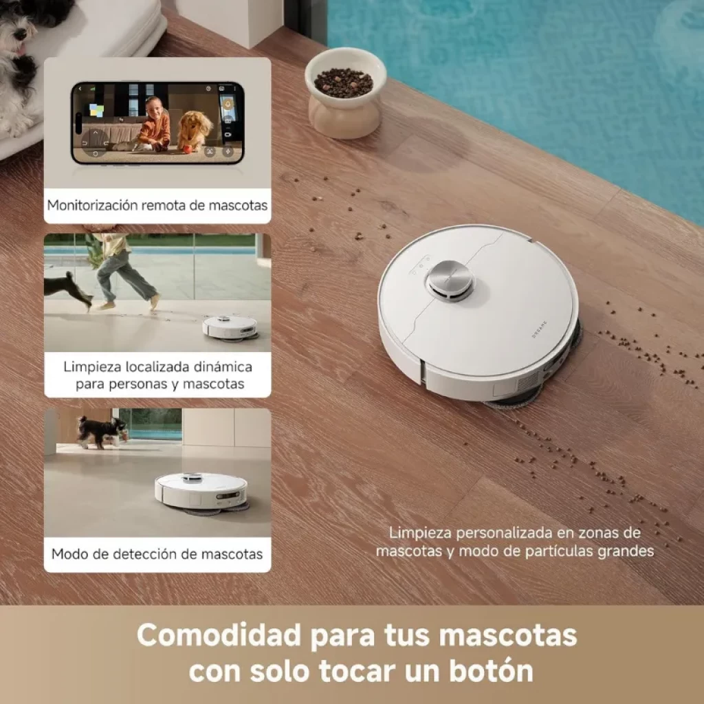 Dreame L40s Pro Ultra Blanc : robot aspirateur circulaire blanc avec base compacte, détection des animaux domestiques, nettoyage ciblé et contrôle WiFi depuis votre mobile