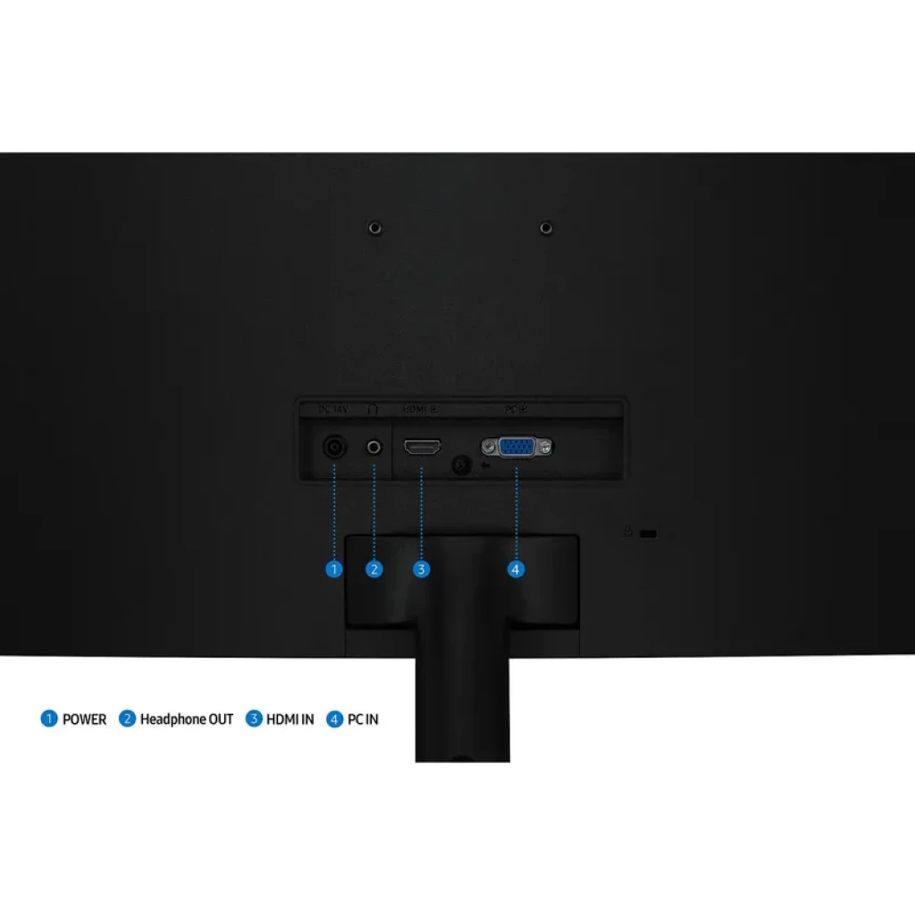 Panel trasero del Samsung S39GD 32 pulgadas: puertos HDMI, VGA, salida de auriculares y entrada de alimentación, diseño curvo negro con soporte central