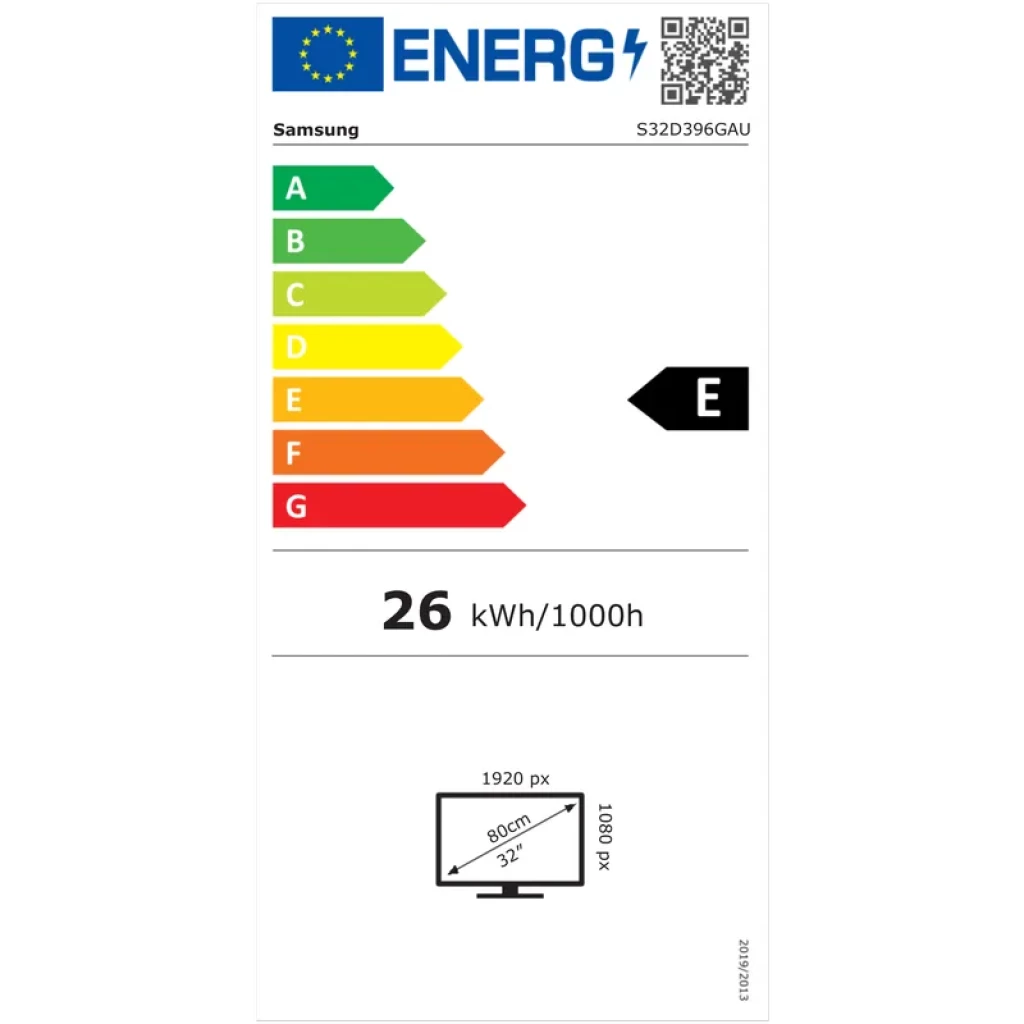 Etiqueta energética UE para Samsung S39GD 32 pulgadas: clase E, consumo 26 kWh/1000 h, resolución 1920x1080, panel curvo 32 pulgadas, frecuencia 100 Hz