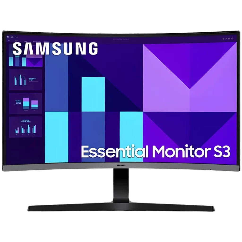 Samsung S39GD 32 pulgadas curvo negro, pantalla Full HD 100 Hz, 4 ms, bisel delgado y base metálica elegante con gráficos en tonos morado y azul