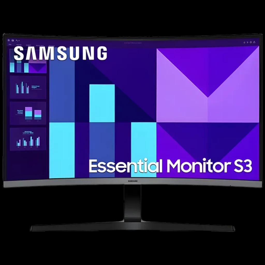 Samsung S39GD 32 pulgadas curvo negro, pantalla Full HD 100 Hz, 4 ms, bisel delgado y base metálica elegante con gráficos en tonos morado y azul
