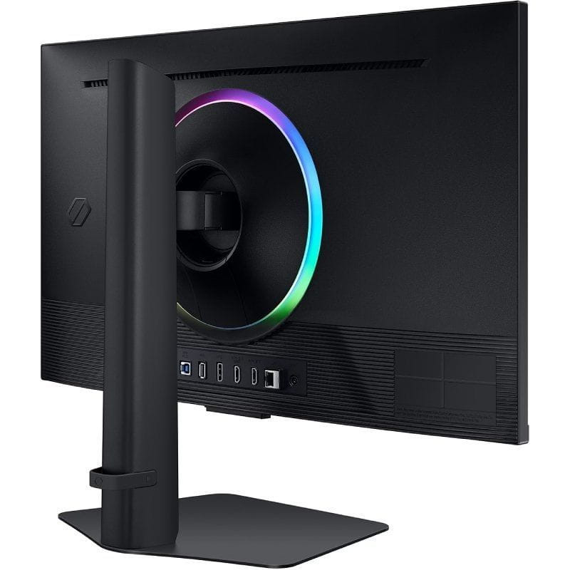 Dos du moniteur noir avec anneau RGB lumineux, pied réglable robuste, gestion des câbles intégrée et connectique multiple alignée au bas du panneau.