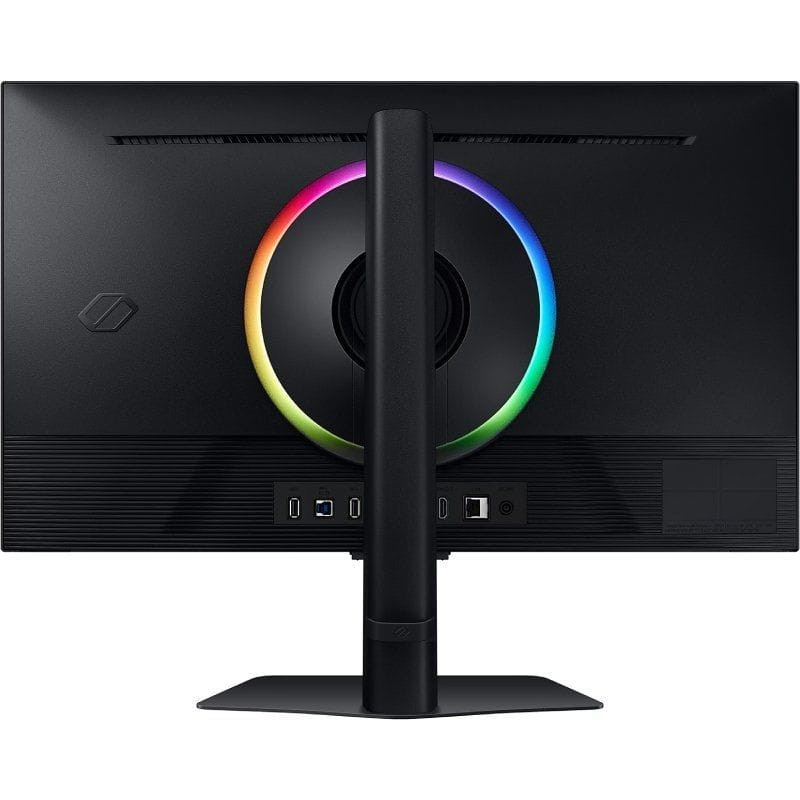 Moniteur gaming 27" noir, dos épuré avec anneau LED RGB, pied central robuste, ports USB/HDMI/DP, design premium pour setup RGB moderne.
