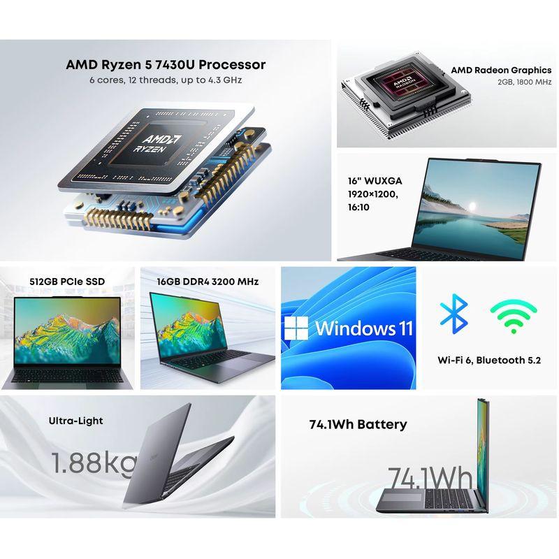 Notebook Chuwi CoreBook Plus com tela 16 WUXGA, corpo leve 1,88 kg, teclado amplo e touchpad grande; design metálico moderno e bordas finas