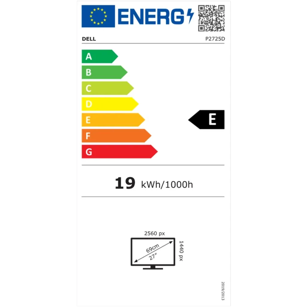 Etiqueta energética del monitor DELL Pro 27 Plus P2725D: clase E, consumo 19 kWh/1000h, pantalla 27 pulgadas QHD 2560x1440 en color negro y plata