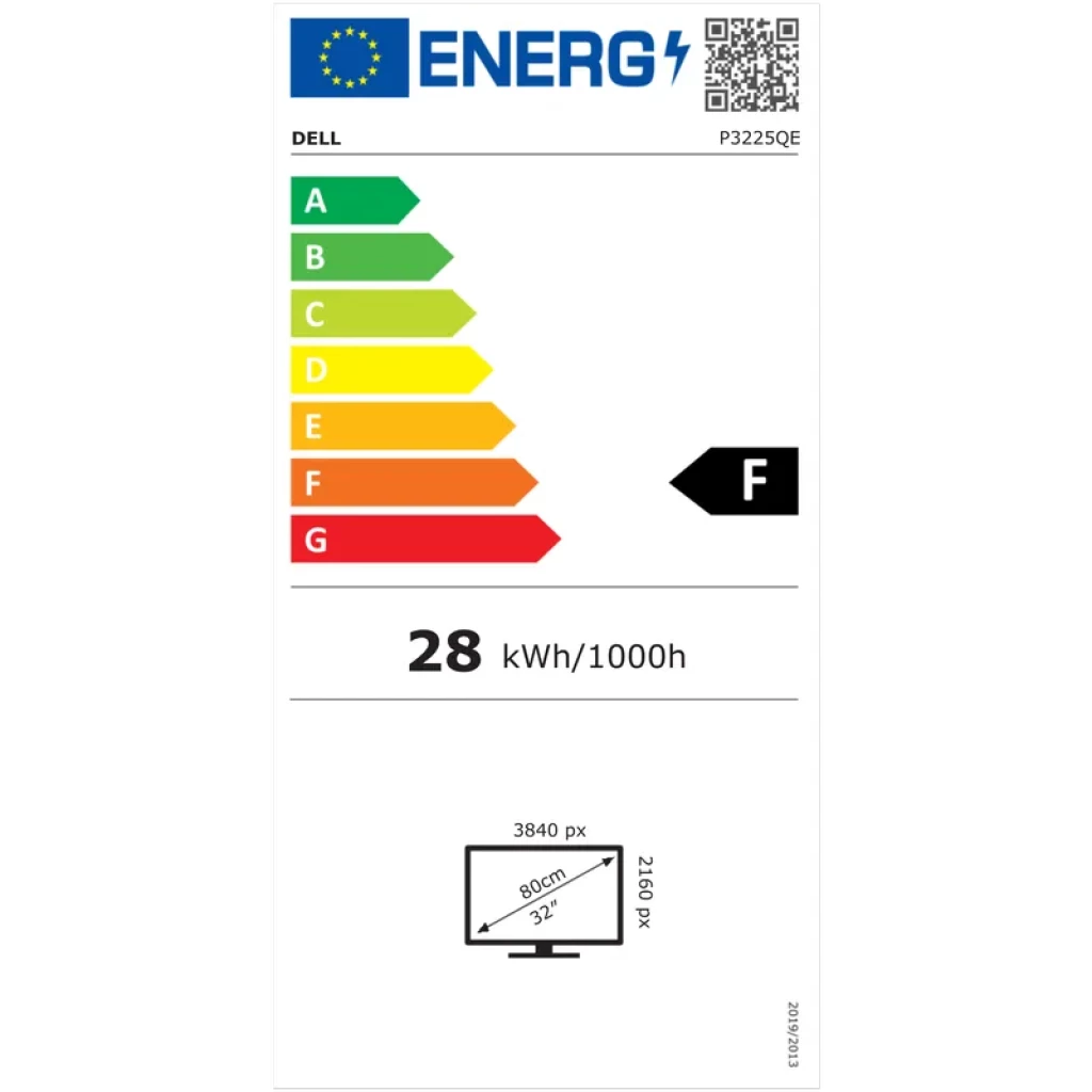 Etiqueta energética UE del monitor DELL Pro Plus P3225QE: clase F, consumo 28 kWh/1000h, 32 pulgadas, resolución 3840 x 2160 4K Ultra HD