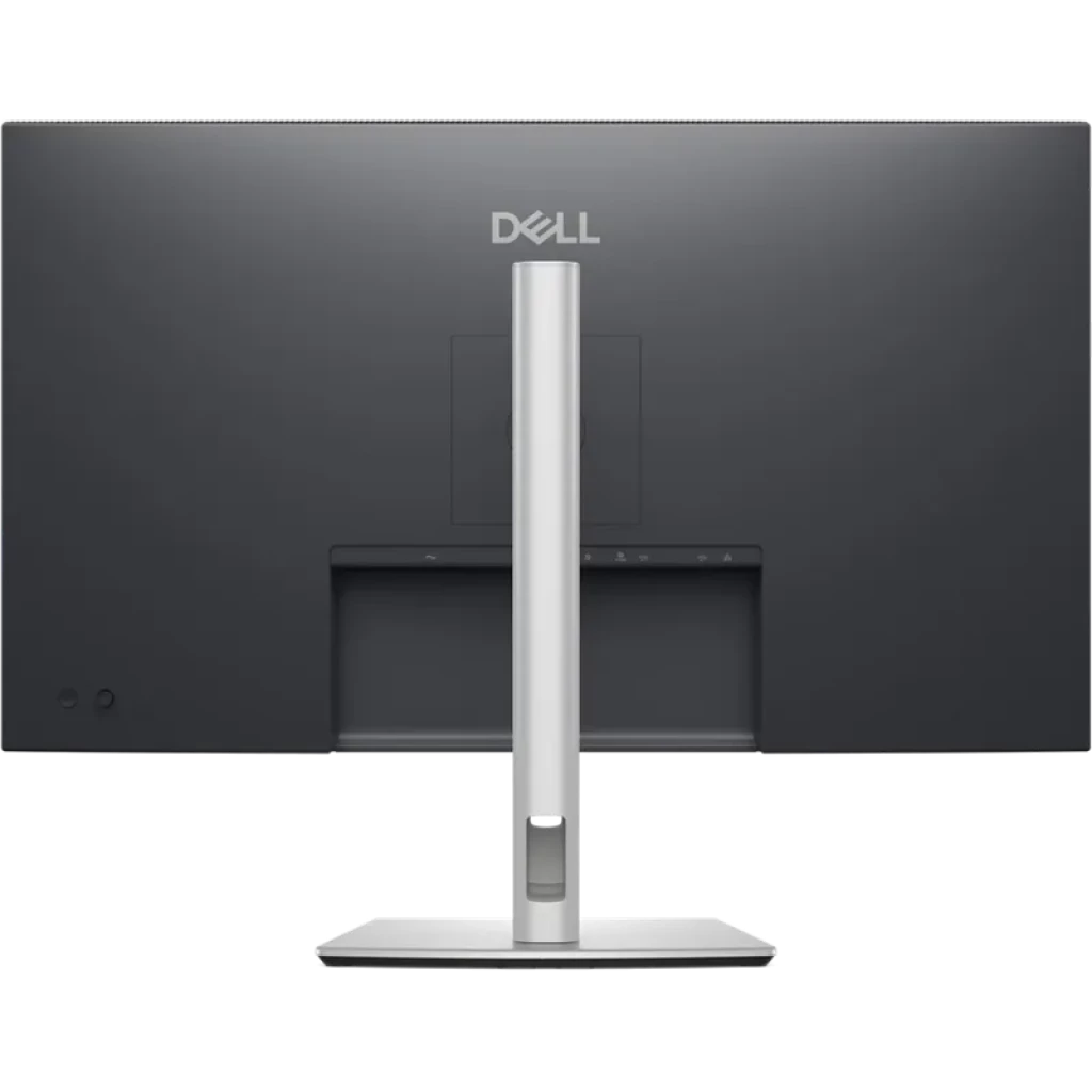 Parte trasera del monitor DELL Pro Plus P3225QE 32 pulgadas 4K: carcasa negra, soporte gris metálico ajustable, puertos posteriores alineados y base estable