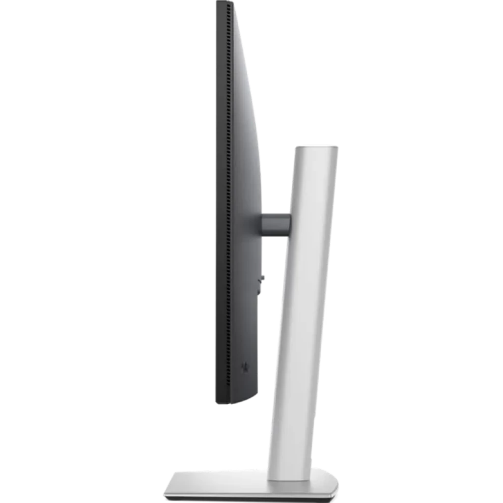 Perfil lateral del monitor DELL Pro Plus P3225DE 32 pulgadas, acabado negro y gris, soporte robusto y delgado, diseño minimalista para escritorio moderno