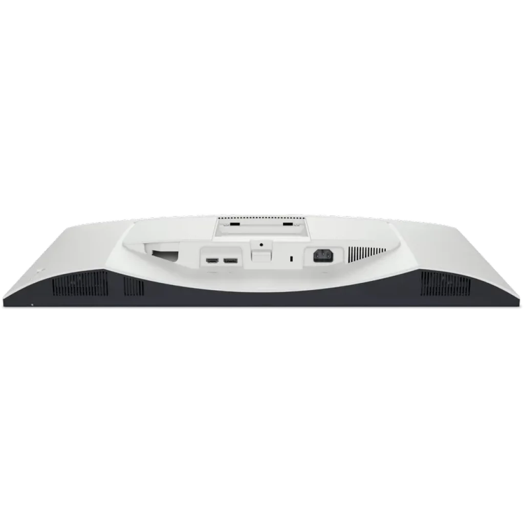 Parte trasera del monitor plateado con puertos visibles: HDMI, DisplayPort, USB y alimentación, rejillas de ventilación y montaje VESA en el centro