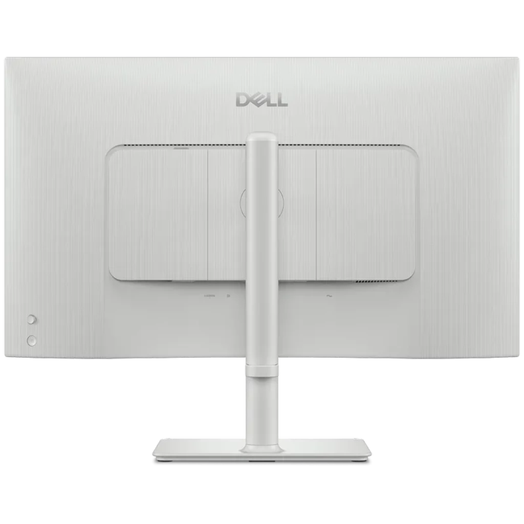 Parte trasera plateada con acabado cepillado, soporte central ajustable y puertos inferiores del monitor DELL Plus S2725QS 27 4K Ultra 120Hz HD LCD