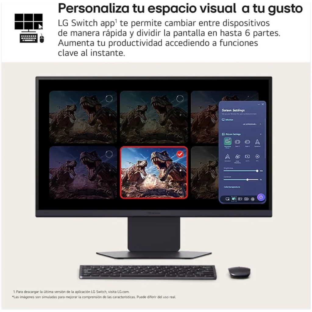 Moniteur LG UltraGear 27 pouces avec écran 4K UHD Nano IPS, cadre fin, pied réglable et interface affichant Split View et menu latéral des réglages