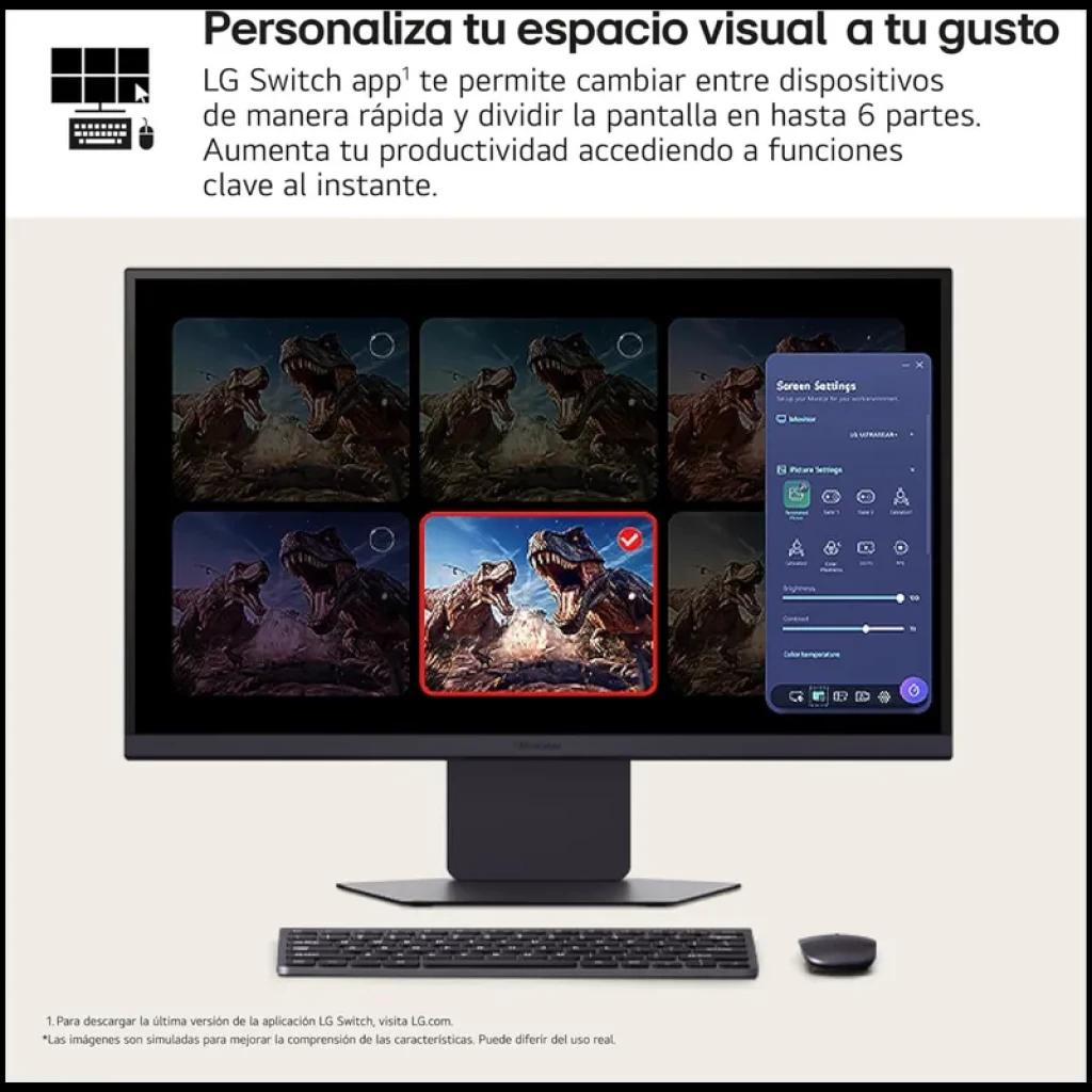 Moniteur LG UltraGear 27 pouces avec écran 4K UHD Nano IPS, cadre fin, pied réglable et interface affichant Split View et menu latéral des réglages
