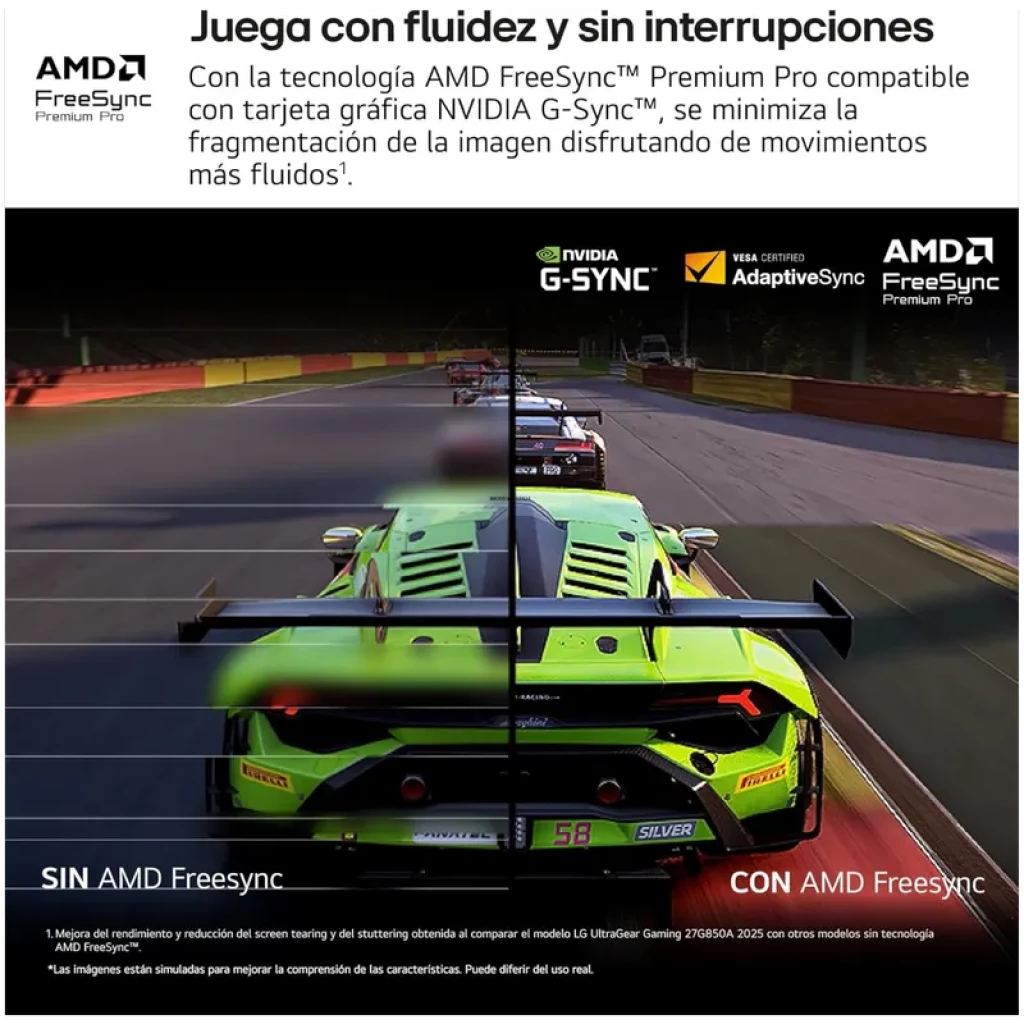 Écran LG UltraGear 27 pouces affichant une course, comparaison sans et avec AMD FreeSync Premium Pro, prise en charge G-Sync et AdaptiveSync, fluidité accrue