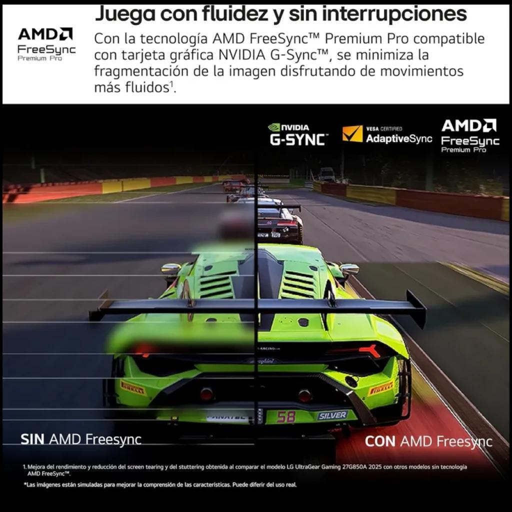Écran LG UltraGear 27 pouces affichant une course, comparaison sans et avec AMD FreeSync Premium Pro, prise en charge G-Sync et AdaptiveSync, fluidité accrue