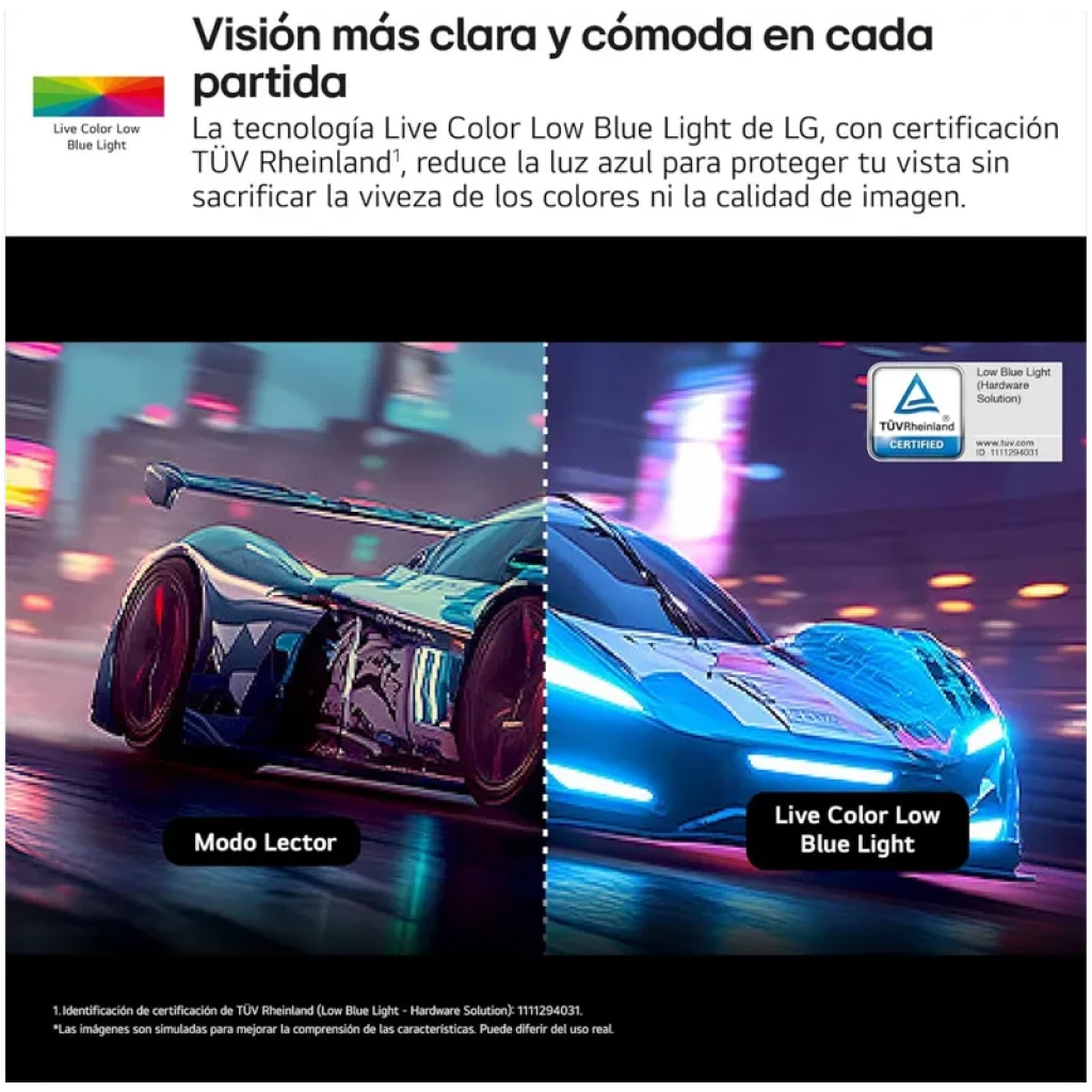 Bannière LG UltraGear 27G850A-B montrant comparaison Modo Lector vs Live Color Low Blue Light, réduction de lumière bleue certifiée TÜV, couleurs vives