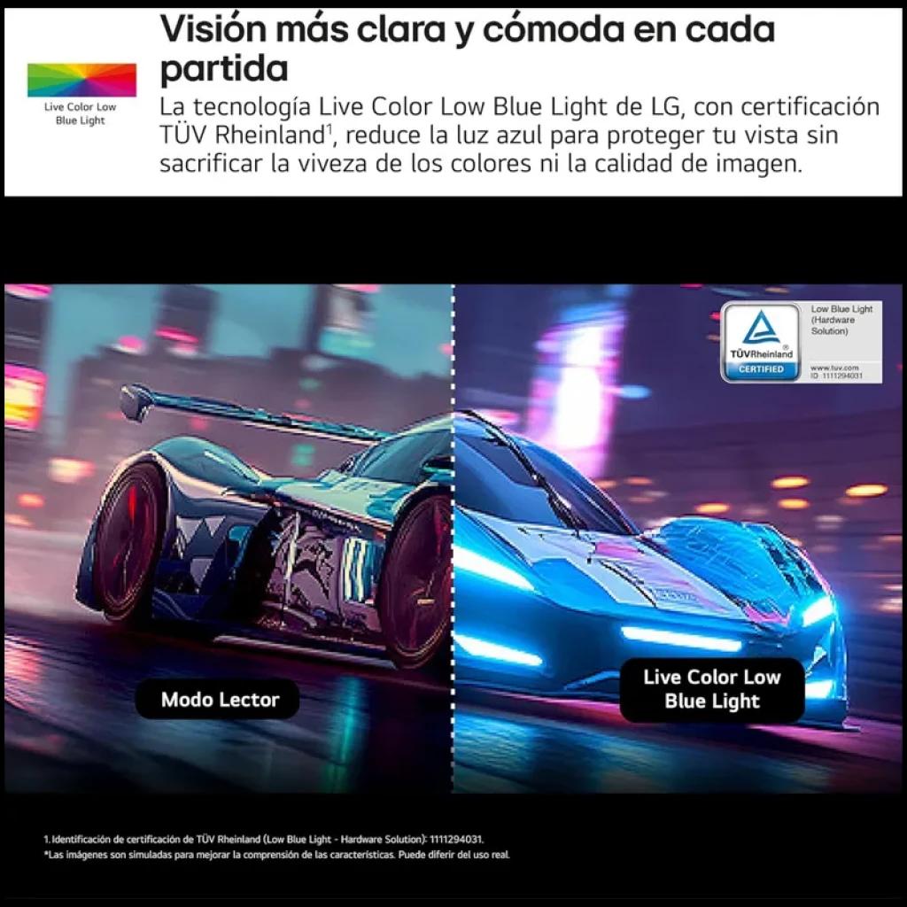Bannière LG UltraGear 27G850A-B montrant comparaison Modo Lector vs Live Color Low Blue Light, réduction de lumière bleue certifiée TÜV, couleurs vives